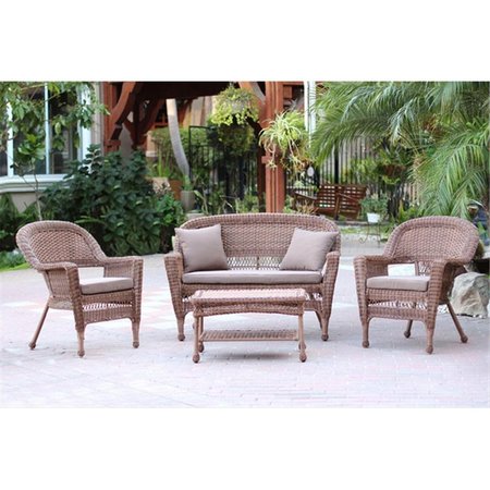 JECO 4 Piece Honey Wicker Conversation Set - Cocoa Brown Cushions W00205-G-FS007